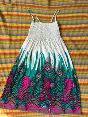 India Boutique White Sundress with Teal & Pink Peacock Feather Print